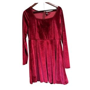 Shein Dark Red Velvet Long-Sleeve Skater Skirt Mini Dress 1X
